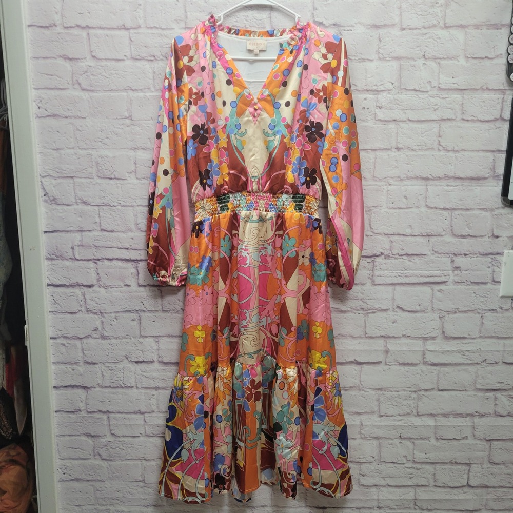 Ciebon Floral Print V-Neck Midi Dress in Pink and Orange